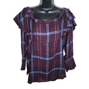 Loft plaid off shoulder long sleeve top blouse XL